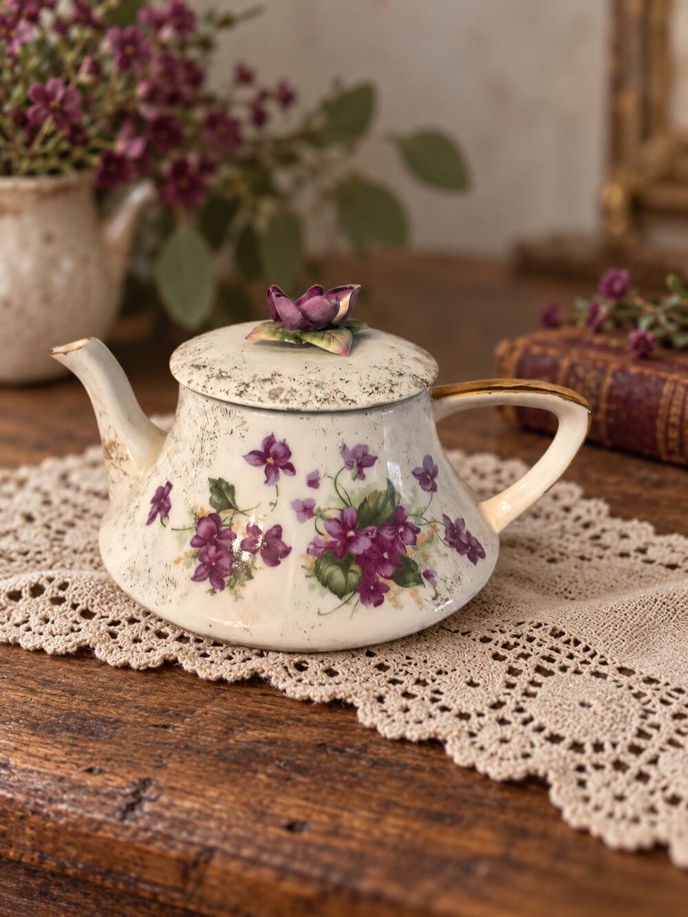 Vintage Lefton China Violet Teapot 985 Hand Painted Gold Trim Applied Flower